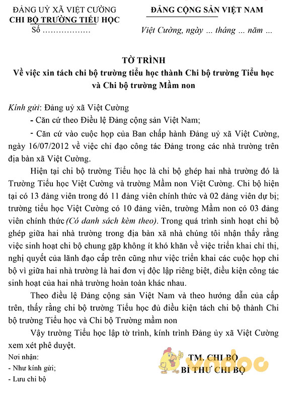 Mẫu tờ trình xin tách chi bộ
