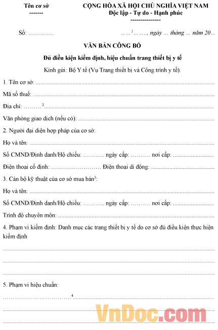 Văn bản công bố đủ điều kiện kiểm định, hiệu chuẩn trang thiết bị y tế