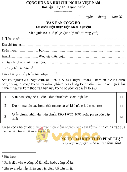 Mẫu văn bản công bố đủ điều kiện thực hiện kiểm nghiệm