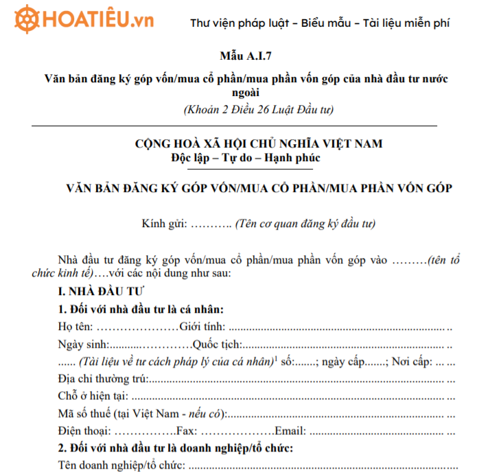 Mẫu A.I.7: Văn bản đăng ký góp vốn/mua cổ phần/mua phần vốn góp