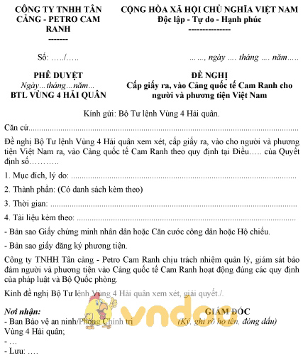 Mẫu văn bản đề nghị cấp giấy ra, vào Cảng quốc tế cho người, phương tiện Việt Nam