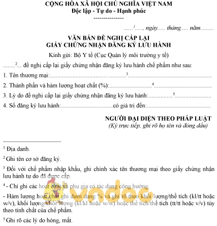 Mẫu văn bản đề nghị cấp lại giấy chứng nhận đăng ký lưu hành