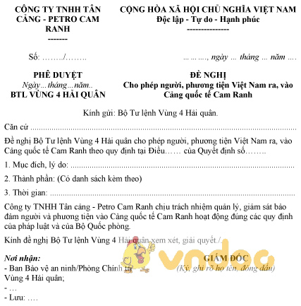 Mẫu văn bản đề nghị cho phép cho người, phương tiện Việt Nam ra, vào Cảng quốc tế Cam Ranh