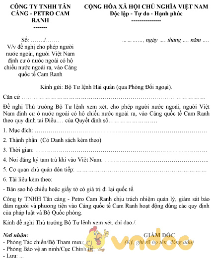 Mẫu văn bản đề nghị cho phép người nước ngoài ra, vào Cảng quốc tế Cam Ranh