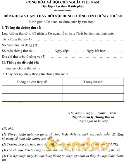 Mẫu văn bản đề nghị gia hạn, thay đổi nội dung thông tin chứng thư số của Thuê bao