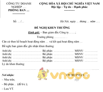 Mẫu văn bản đề nghị khen thưởng