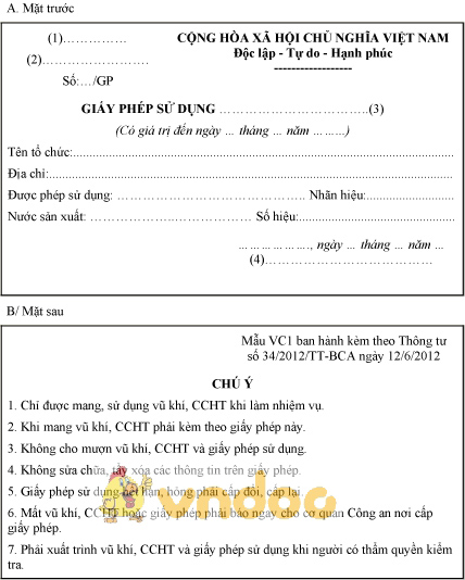 Mẫu VC1: Giấy phép sử dụng vũ khí