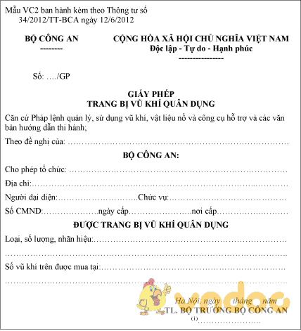 Mẫu VC2: Giấy phép trang bị vũ khí quân dụng