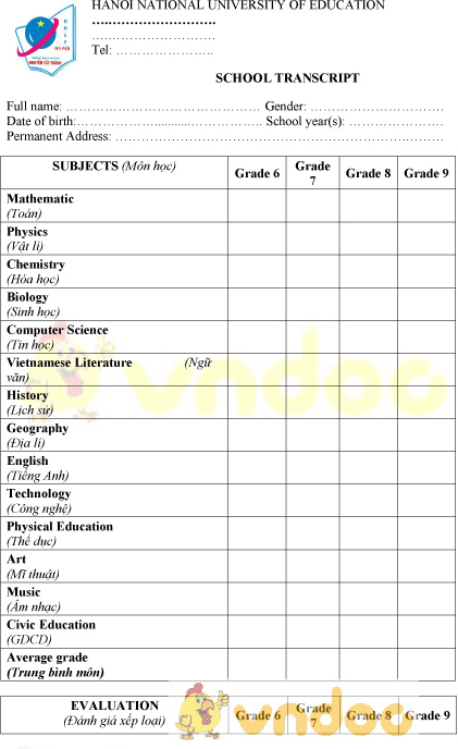 Mẫu xác nhận bảng điểm bằng Tiếng Anh