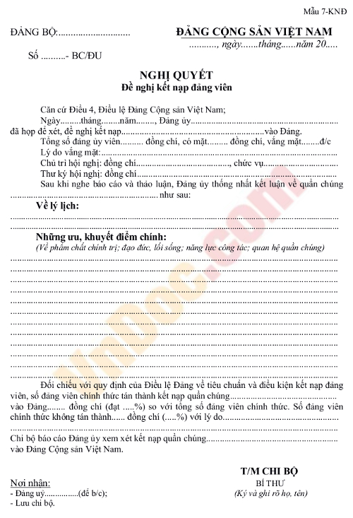 Nghị quyết của cấp uỷ cơ sở đảng đề nghị kết nạp đảng viên