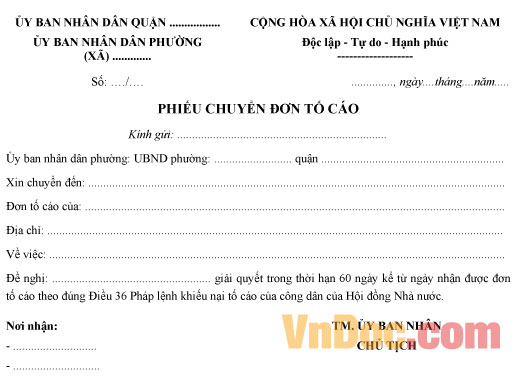 Mẫu phiếu chuyển đơn tố cáo