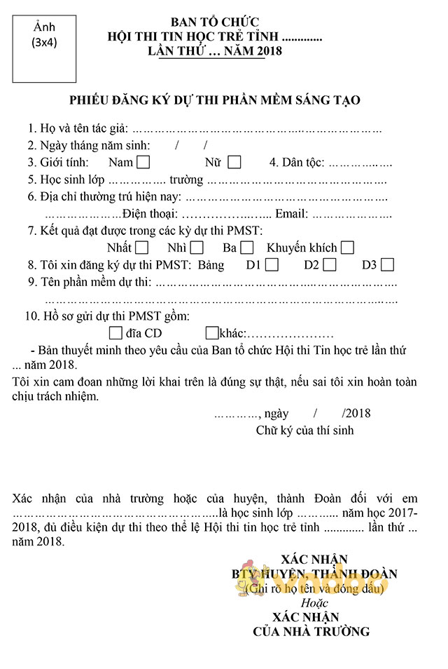 Phiếu đăng ký dự thi tin học trẻ