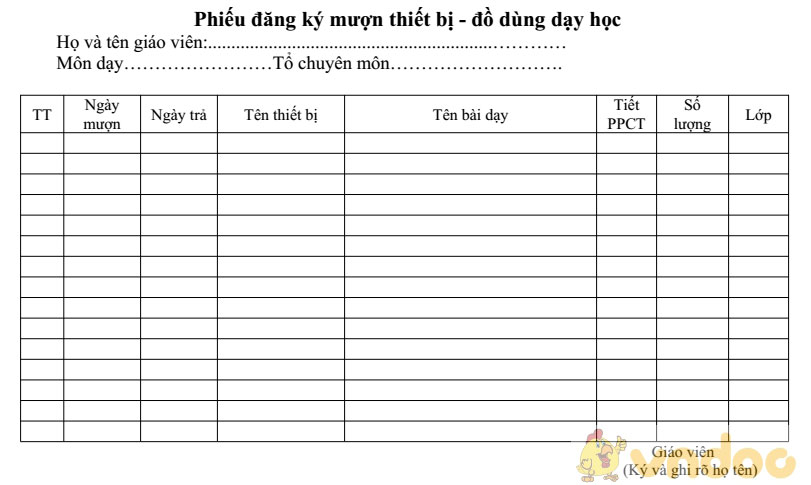 Phiếu đăng ký mượn thiết bị - đồ dùng dạy học