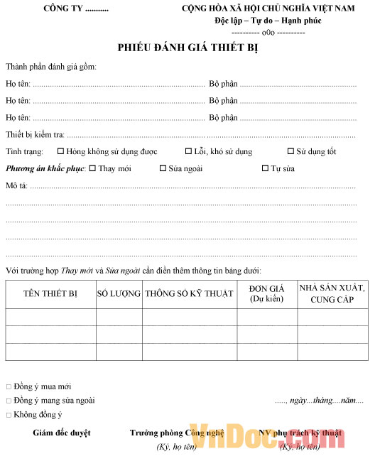 Mẫu phiếu đánh giá thiết bị