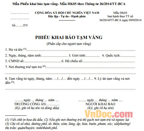 Đăng ký tạm vắng và phiếu báo thay đổi nhân khẩu, hộ khẩu Đăng ký tạm vắng và phiếu báo thay đổi nhân khẩu, hộ khẩu