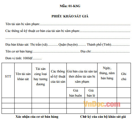 Phiếu khảo sát giá