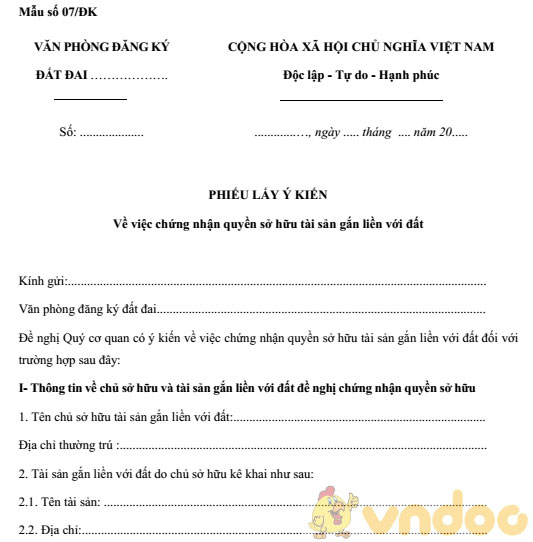 Phiếu lấy ý kiến về việc chứng nhận quyền sở hữu tài sản gắn liền với đất