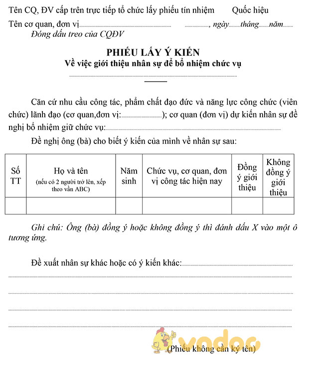 Phiếu lấy ý kiến việc giới thiệu nhân sự để bổ nhiệm chức vụ