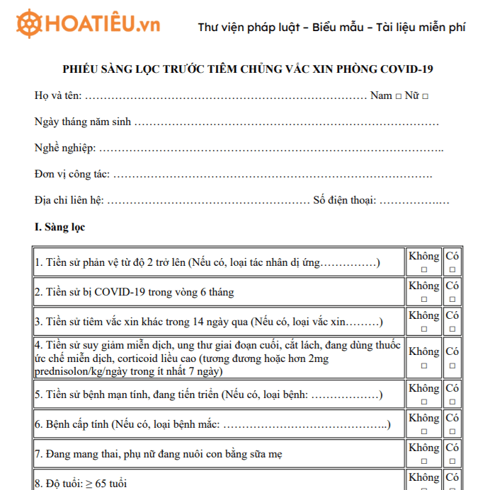 Phiếu sàng lọc trước tiêm chủng vắc xin phòng Covid-19
