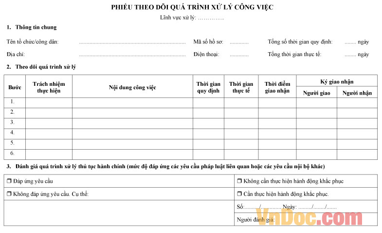 Mẫu phiếu theo dõi quá trình xử lý công việc