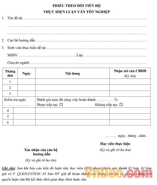 Mẫu phiếu theo dõi tiến độ thực hiện luận văn tốt nghiệp
