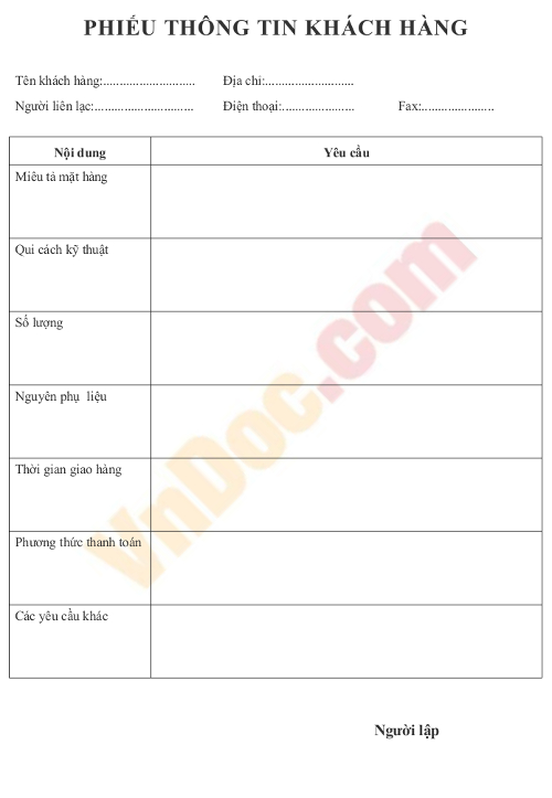 Phiếu thông tin khách hàng