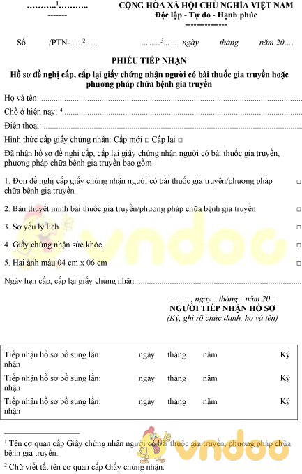 Mẫu phiếu tiếp nhận hồ sơ đề nghị cấp, cấp lại GCN bài thuốc, phương pháp chữa bệnh gia truyền