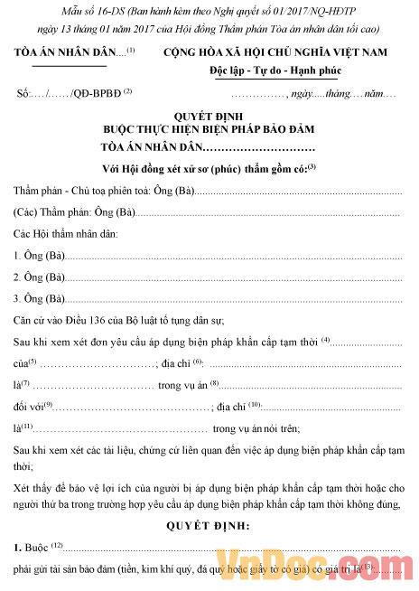 Mẫu số 16-DS: Quyết định buộc thực hiện biện pháp bảo đảm