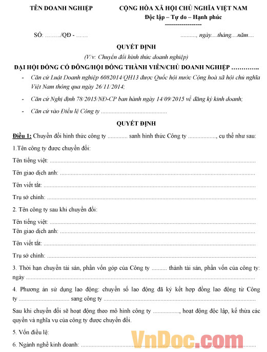 Mẫu quyết định chuyển đổi doanh nghiệp