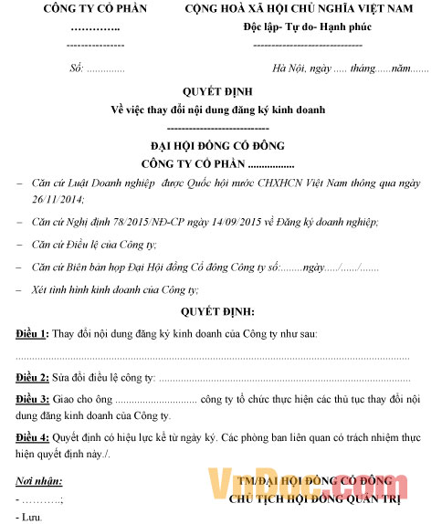 Mẫu quyết định của Đại hội đồng cổ đông