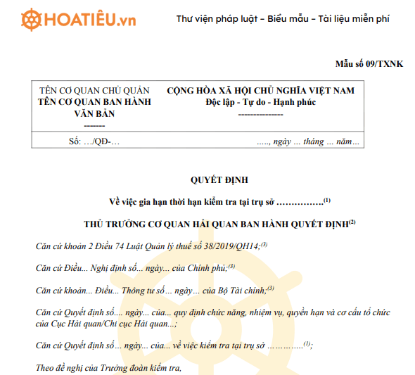 Mẫu 09/TXNK: Quyết định gia hạn thời hạn kiểm tra tại trụ sở người nộp thuế