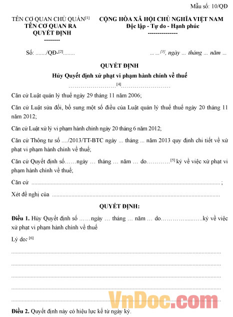 Mẫu quyết định hủy quyết định xử phạt vi phạm hành chính về thuế
