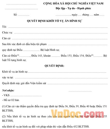 Mẫu quyết định khởi tố vụ án hình sự