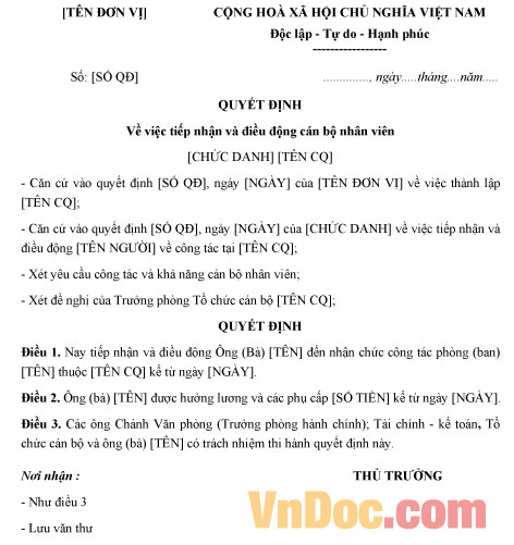 Mẫu quyết định tiếp nhận và điều động cán bộ nhân viên