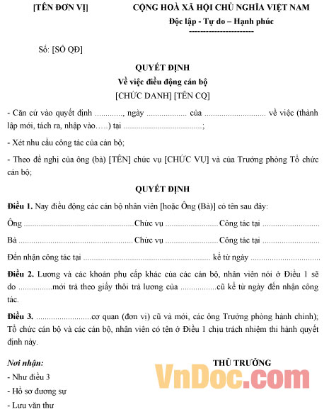 Mẫu quyết định về việc điều động cán bộ