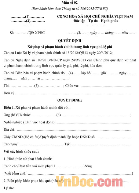 Mẫu quyết định xử phạt vi phạm hành chính trong lĩnh vực phí, lệ phí