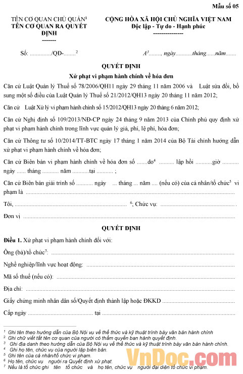 Mẫu quyết định xử phạt vi phạm hành chính về hóa đơn