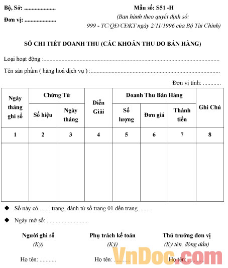Biểu mẫu sổ chi tiết doanh thu