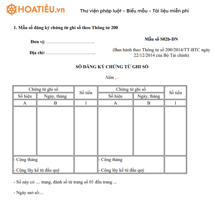 Sổ đăng ký chứng từ ghi sổ - Mẫu S02b-H, Mẫu S02b-DN