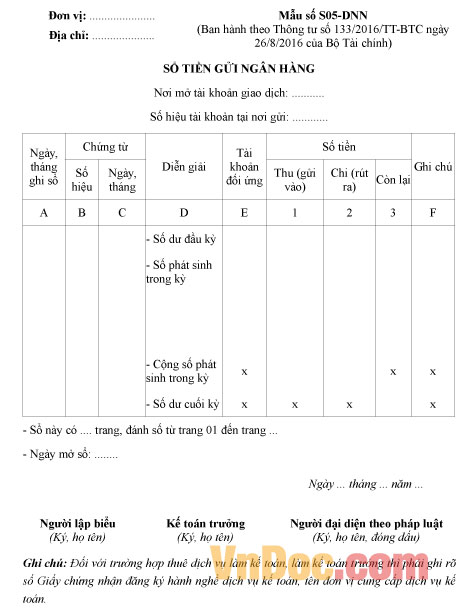 Mẫu số S05-DNN: Sổ tiền gửi ngân hàng