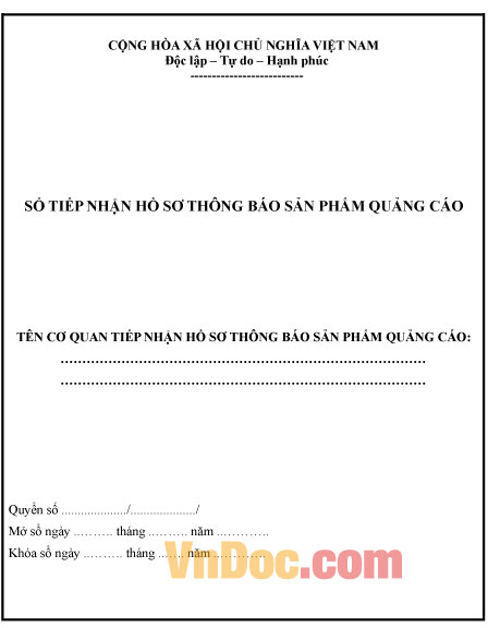 Mẫu sổ tiếp nhận hồ sơ thông báo sản phẩm quảng cáo