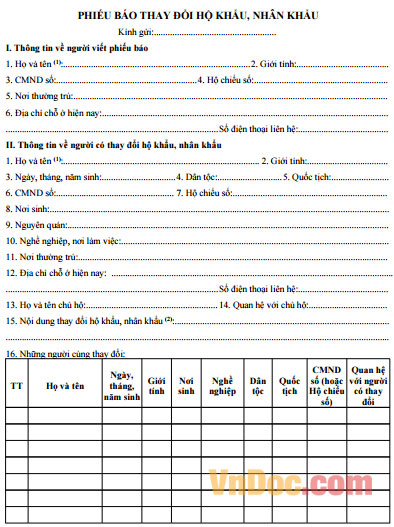 Phiếu báo thay đổi nhân khẩu, hộ khẩu - Mẫu HK02 Phiếu báo thay đổi nhân khẩu, hộ khẩu - Mẫu HK02
