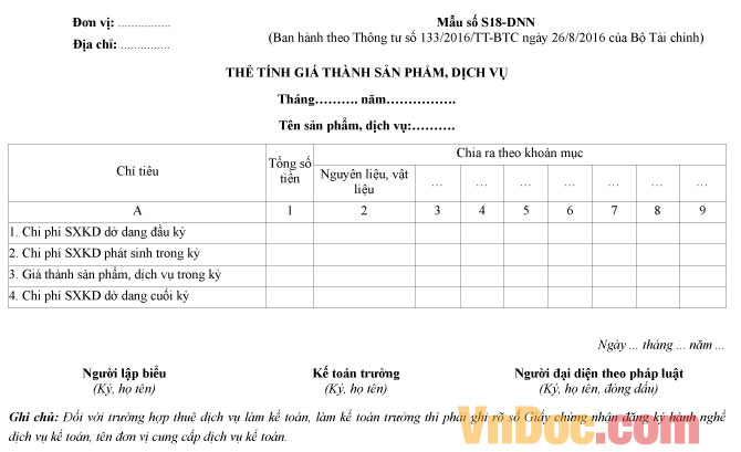 Mẫu số S18-DNN: Thẻ tính giá thành sản phẩm, dịch vụ
