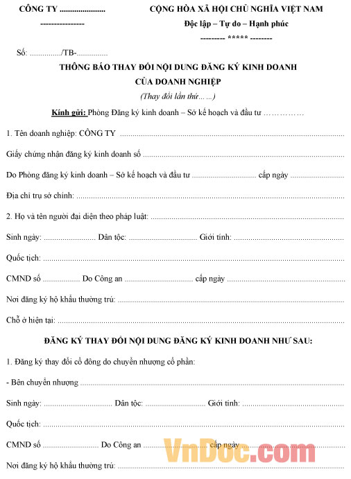 Mẫu thông báo đăng ký chuyển nhượng cổ phần