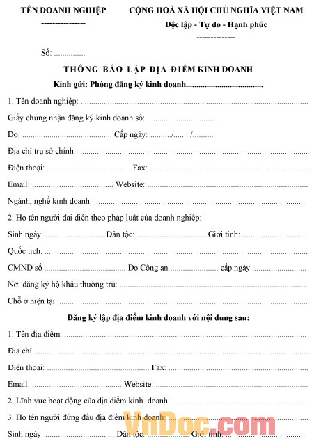 Mẫu thông báo lập địa điểm kinh doanh