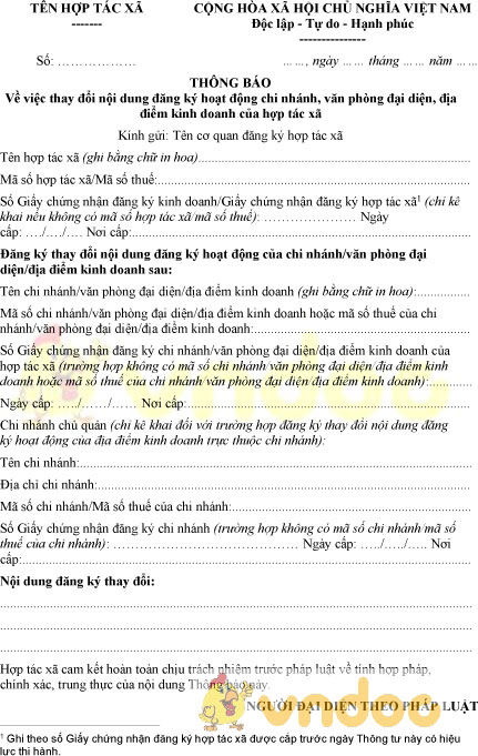 Mẫu thông báo thay đổi nội dung đăng ký hoạt động chi nhánh, văn phòng đại diện của hợp tác xã