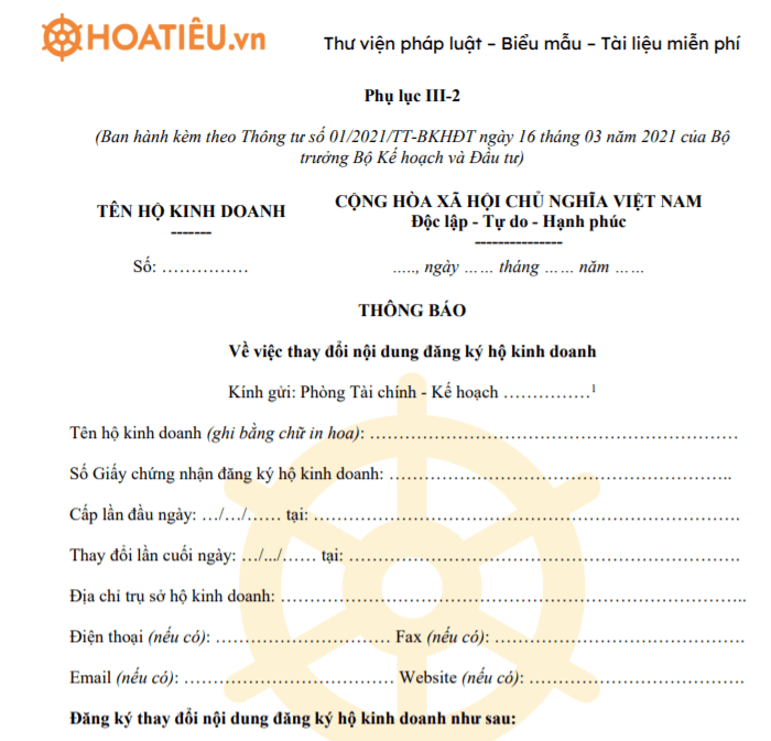 Thông báo về việc thay đổi nội dung đăng ký hộ kinh doanh - Phụ lục III-2
