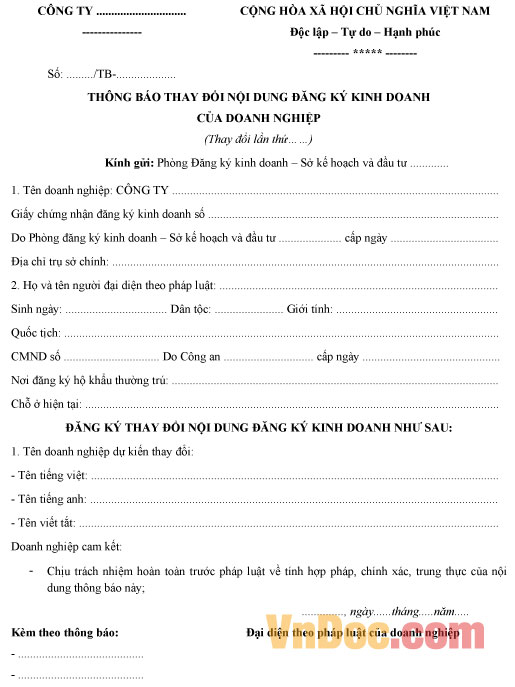 Mẫu thông báo thay đổi tên doanh nghiệp