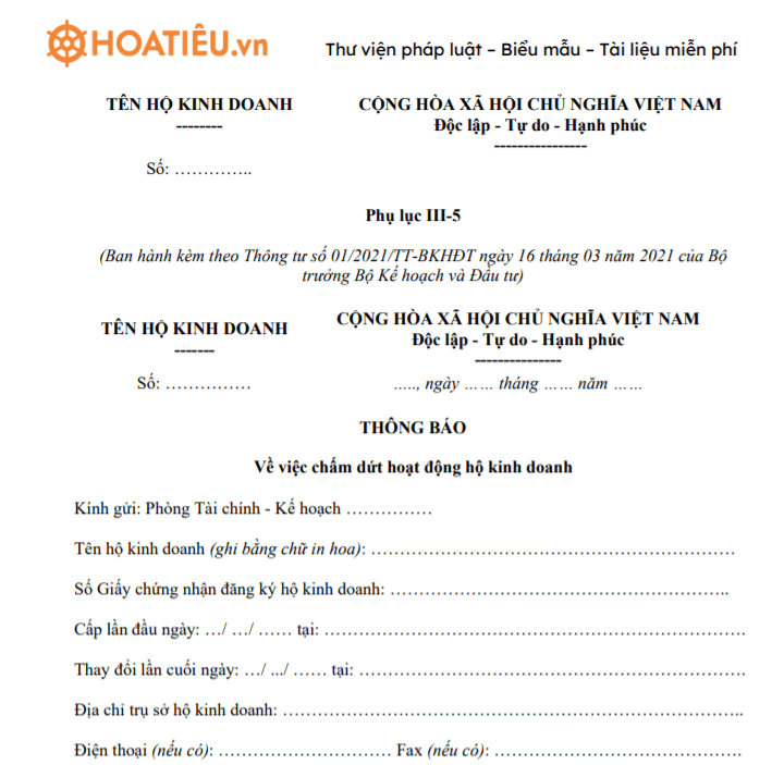 Thông báo về việc chấm dứt hoạt động hộ kinh doanh - Phụ lục III-5