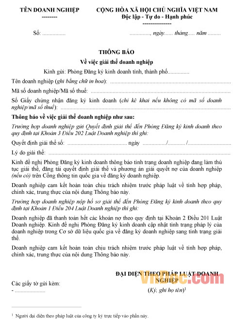 Thông báo về việc giải thể doanh nghiệp